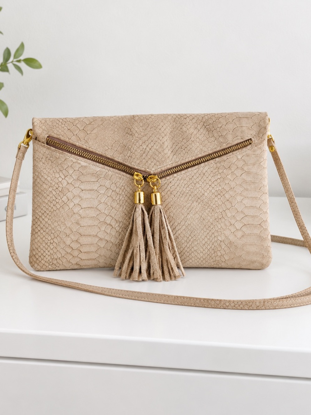 Vintage Genuine Leather Tan Snake Print Crossbody